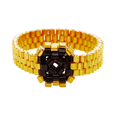 Anillo Diamantes 1 Cuadrado Dorado Ajustable Negro